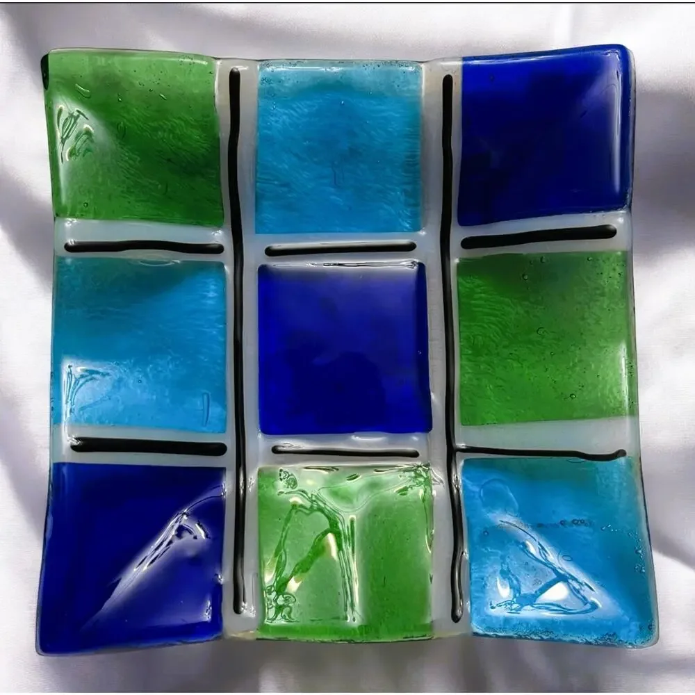 Vintage Murano Checkerboard Grid Design Fused Glass Trinket Dish